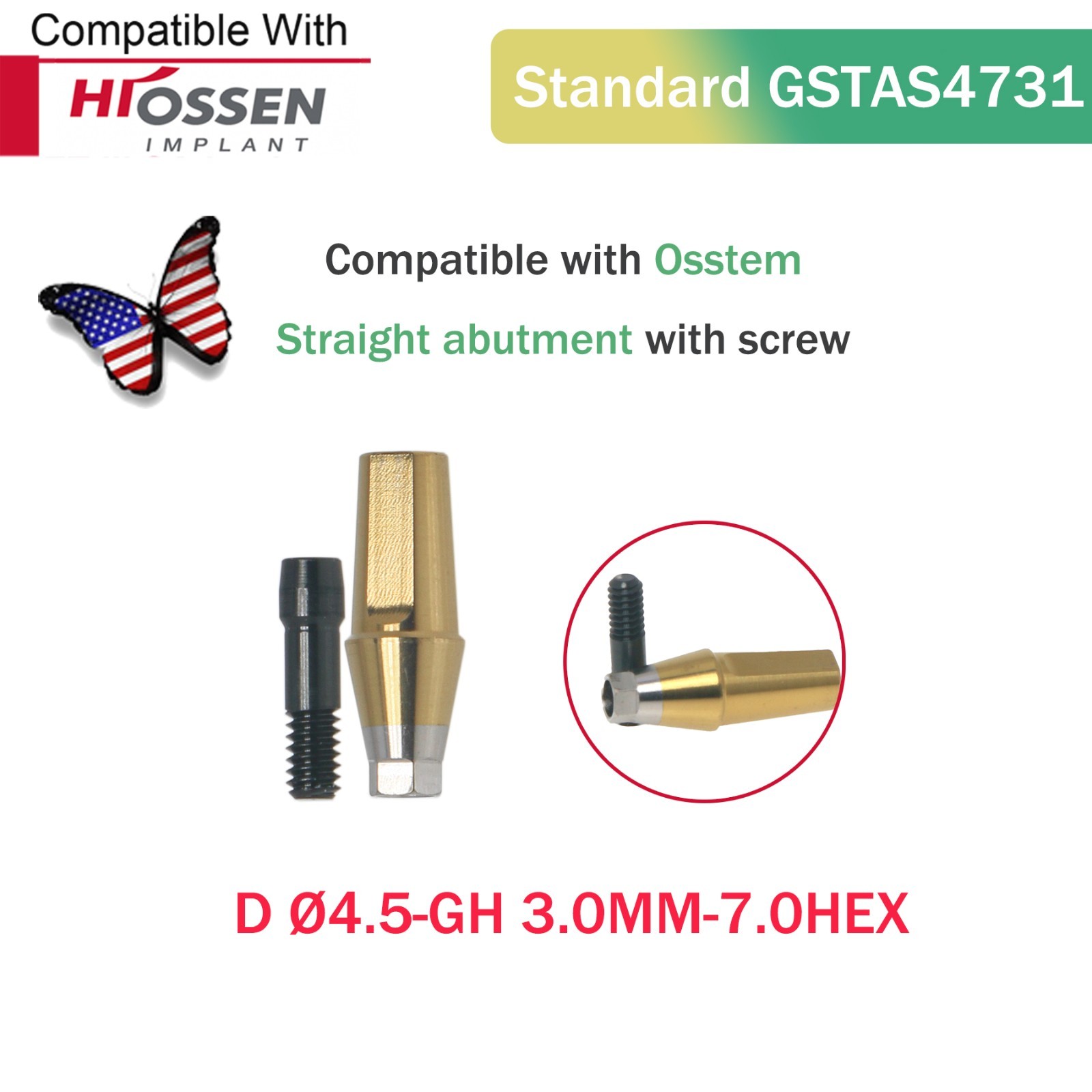 US Dental Regular Straight Abutment Ø4.5mm GH 1-5mm Screw for Osstem Hiossen ET