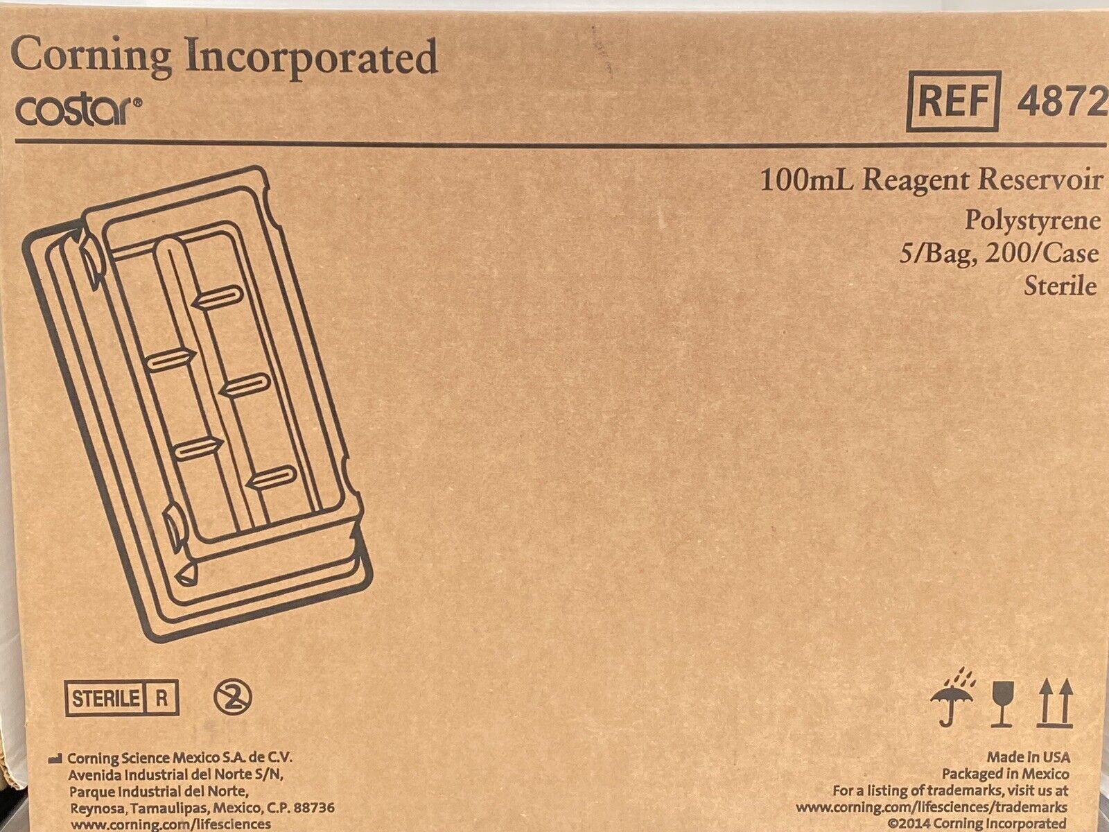 200 new Costar 4872 100ml Reagent Reservoir Polystyrene, Sterile 5/Bag, 200/case