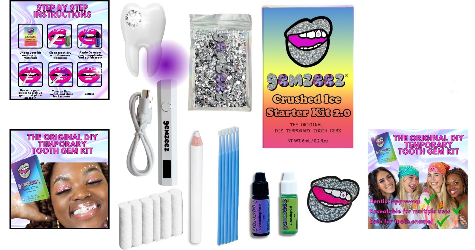 Easy At-Home Tooth Gem Kit – Crushed Ice Rhinestone Gems & UV Light
