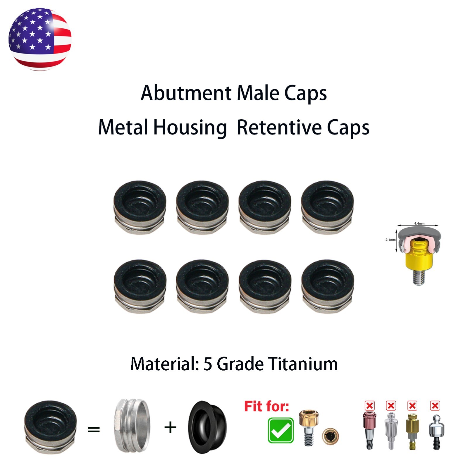 Dental Overdenture Locator Implant Abutment Retention Caps Male Cap Inserts Set