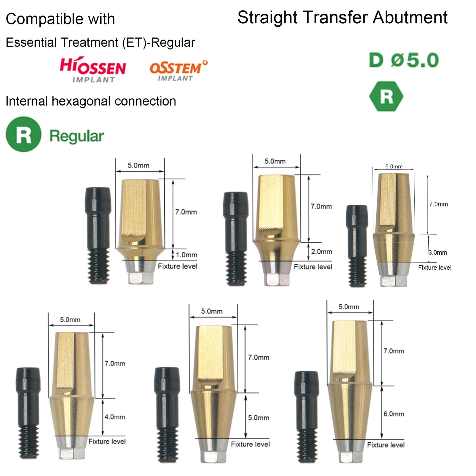 US Dental Ti Standard Straight Abutment W/Replica Screw fit Hiossen ET Regular
