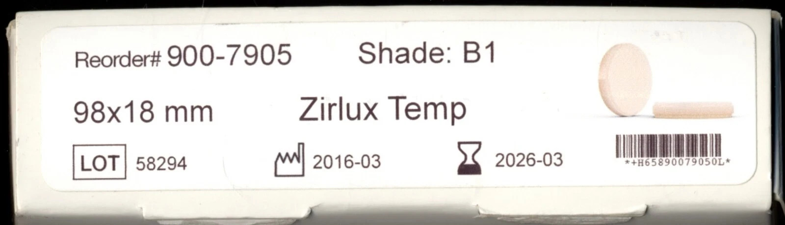Used Zirlux Temp PMMA – 98×18 mm – Shade B1 – 900-7905 – Use By 2026-03
