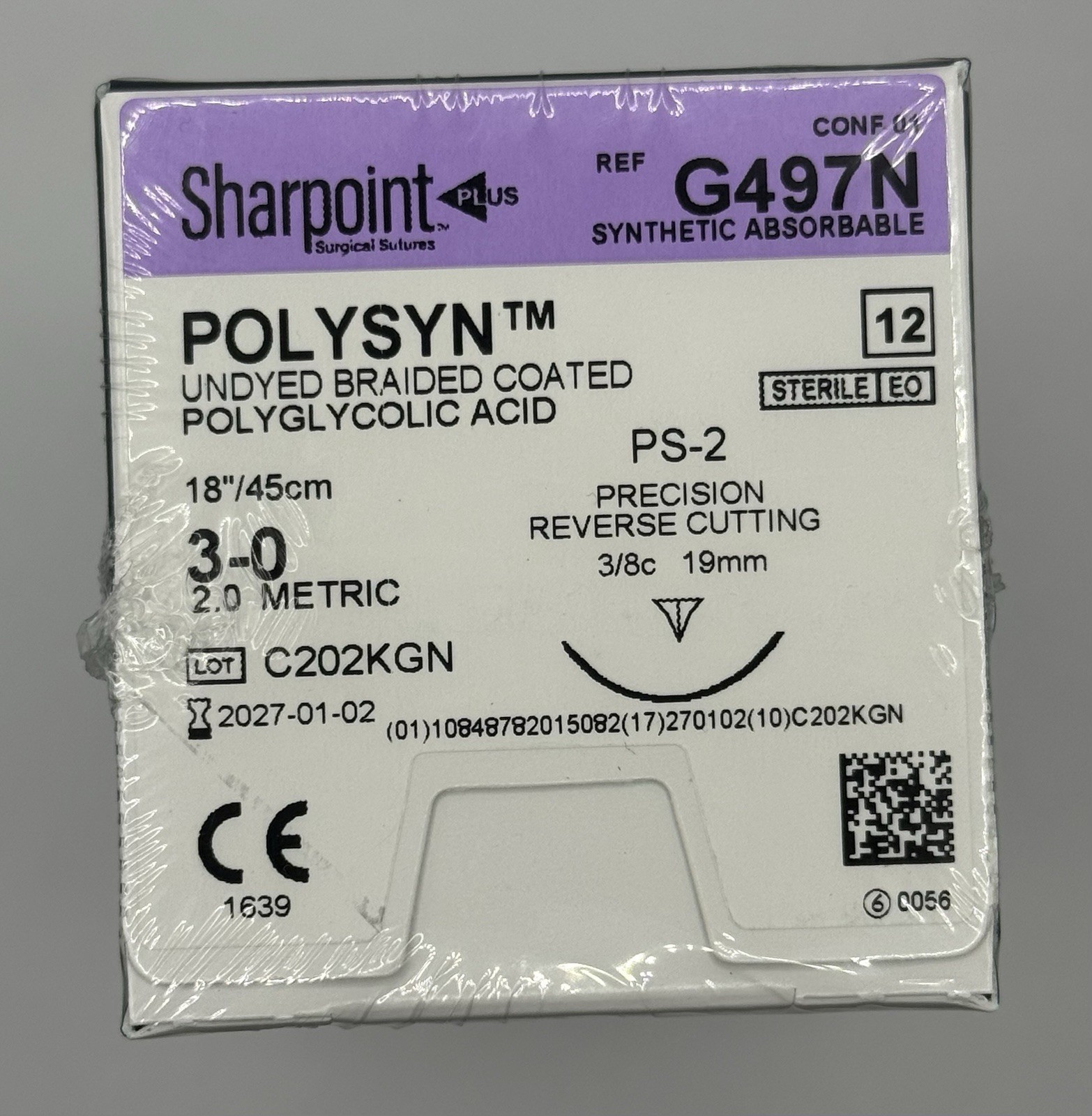 Sharpoint Polysyn 3-0 Absorbable Suture PS-2 19mm REF G497N Box of 12