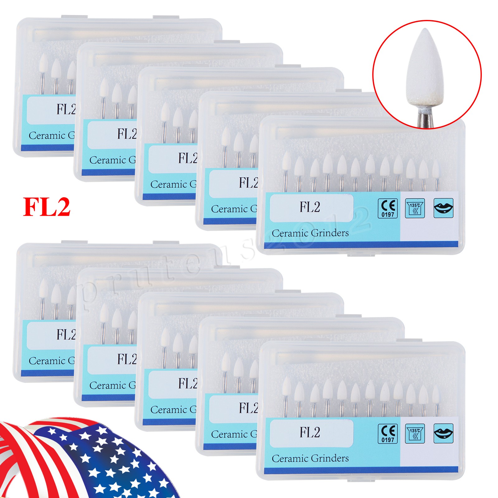 Dental Flame Mounted White Stone Polishing Burs FG Abrasion Point Burs USA