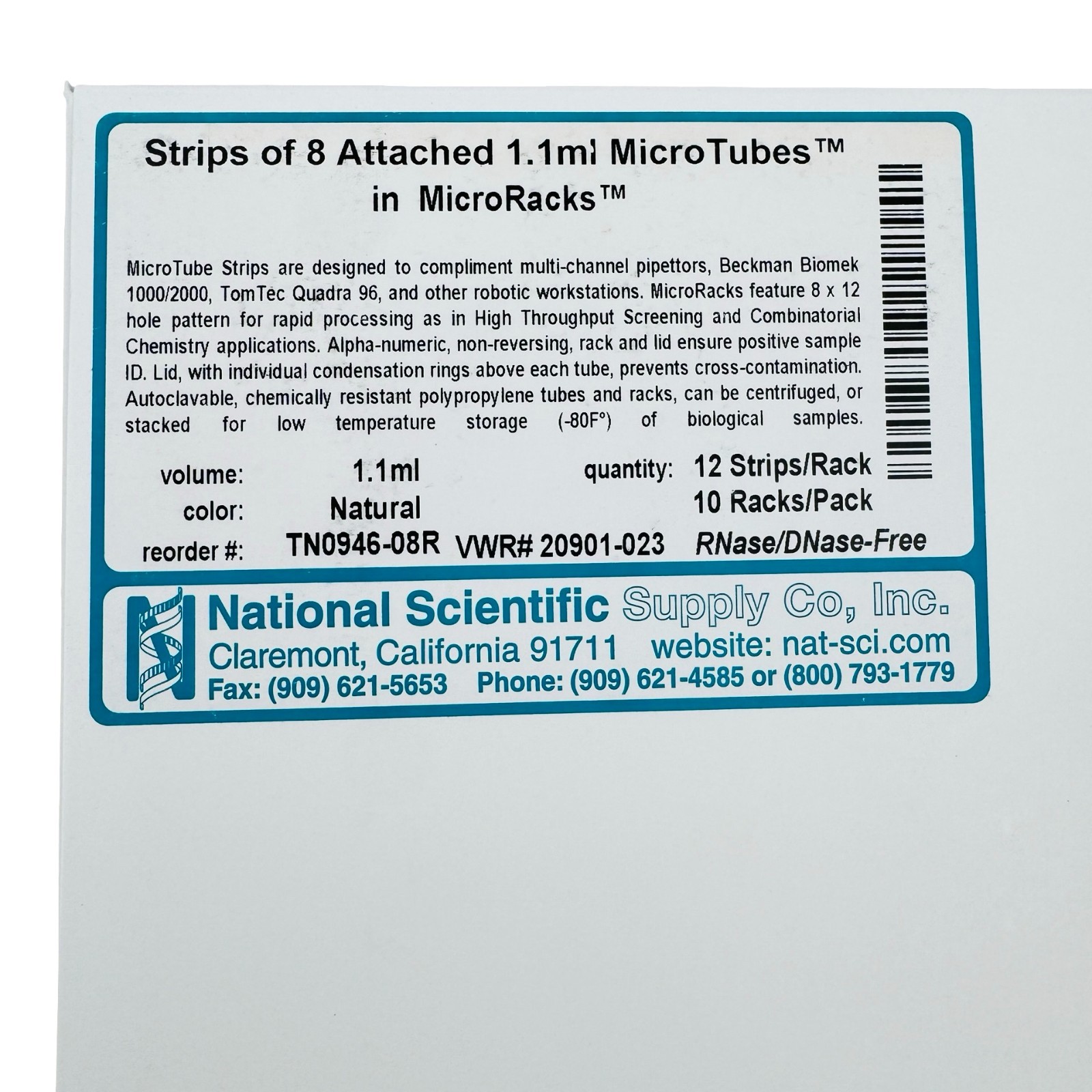 National Scientific MicroTube Strips 1.1ml 8-Tube Attached MicroRacks RNase