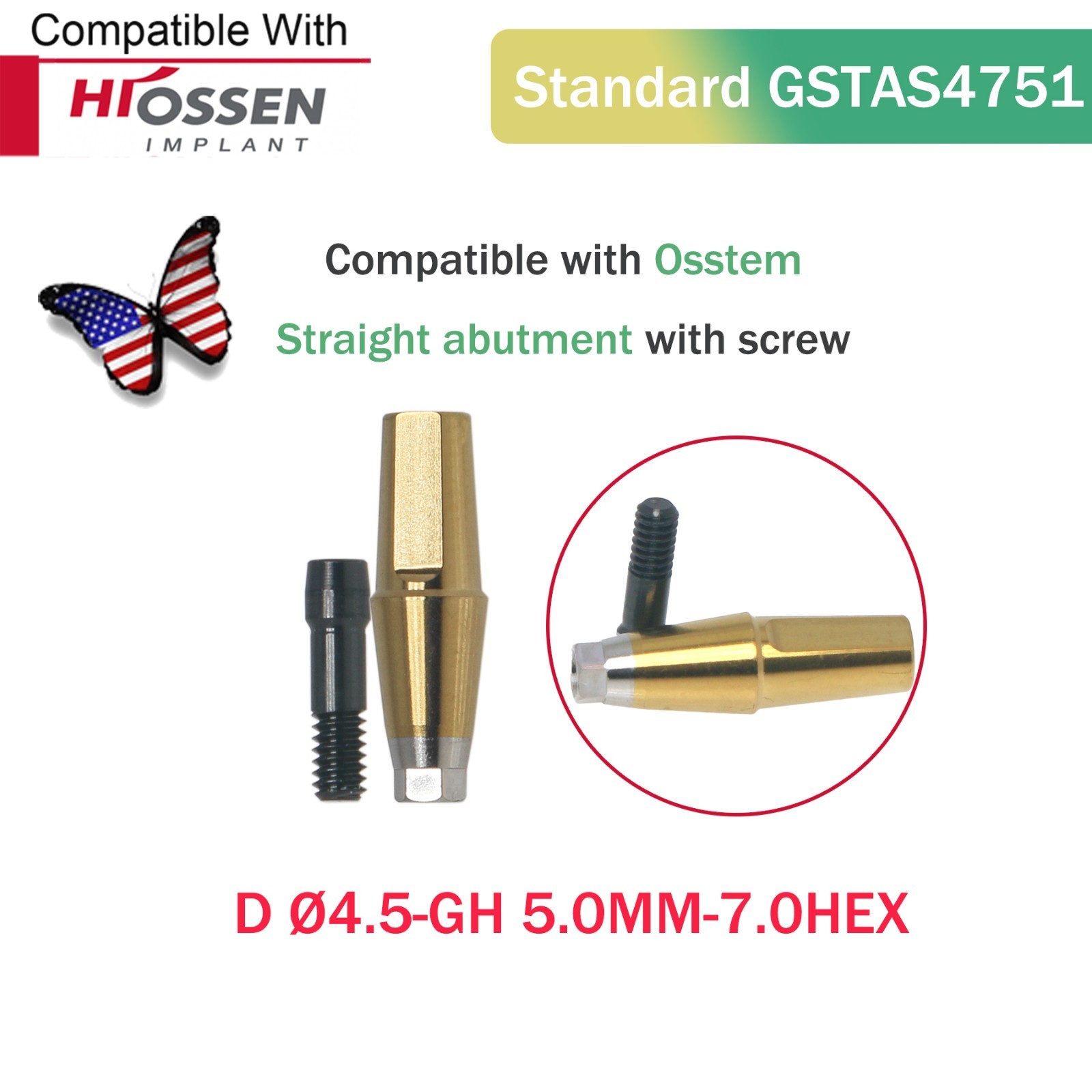 Regular Straight Transfer Abutment Internal Hex Fit Hiossen ET/Osstem TS Ø4.5mm