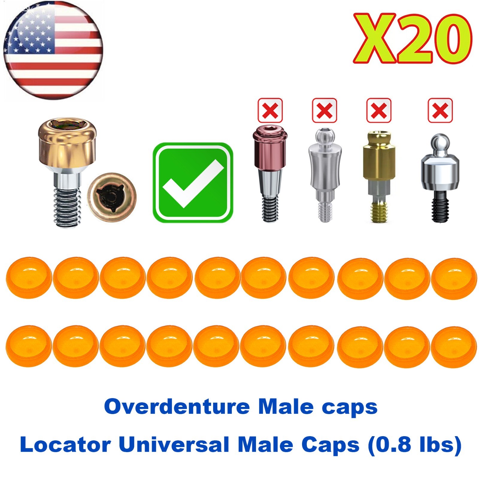 US Overdenture Dental Locator Abutment Retention Caps 1.2/2.4lbs Metal Housing