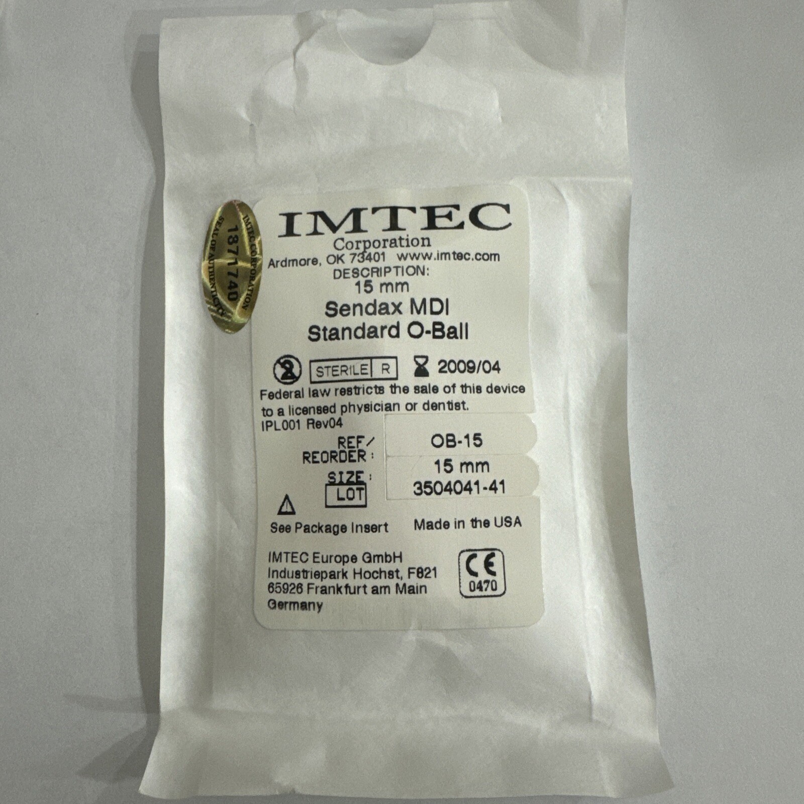 IMTEC Sendax MDI O-Ball Prosthetic Head 15mm Each