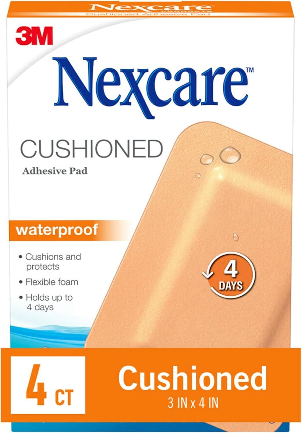 Nexcare Absolute Waterproof Adhesive Gauze Pad, One Size, 4 Count 4 Pads