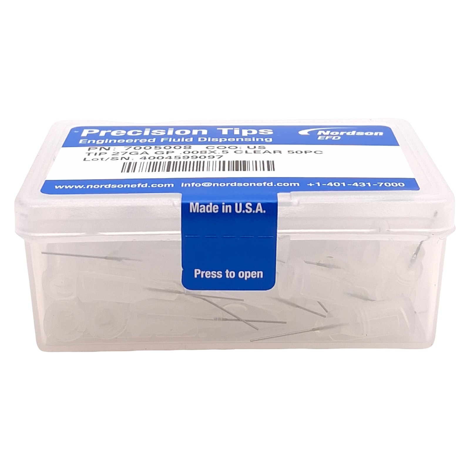 Nordson EFD 7005008 Precision SS Tips, Clear, 27GA, 0.008in ID x 0.5in L, 50/Box