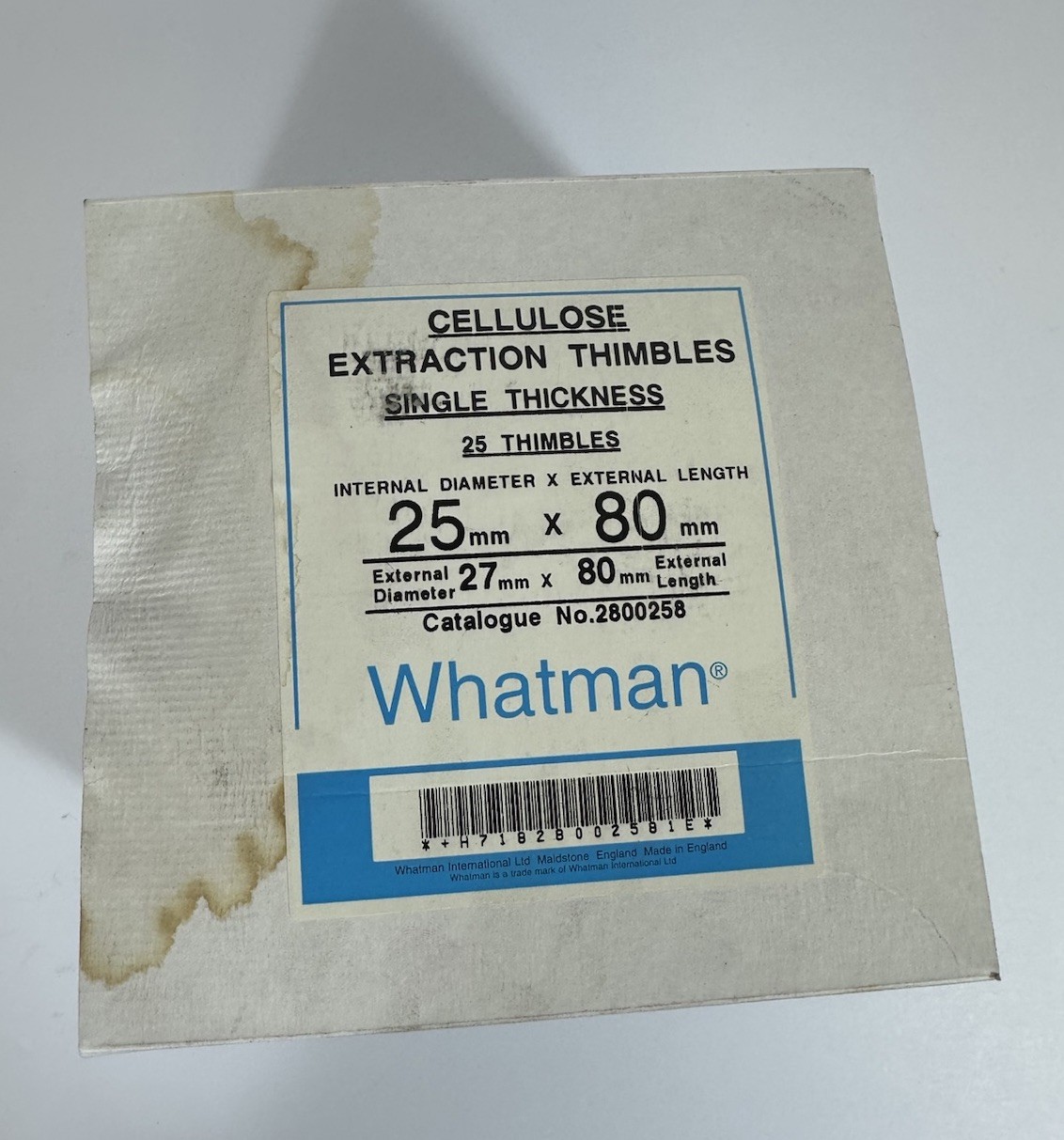 Whatman Cellulose Extraction Thimbles Single Thickness 25X80mm #2800258 Qty. 25+
