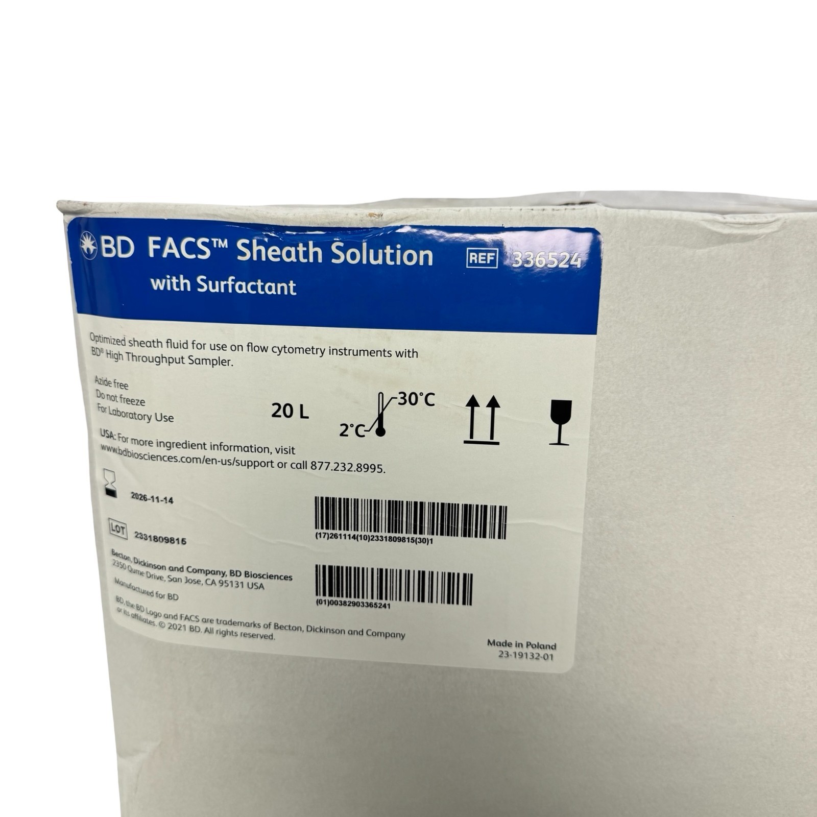 BD FACS Sheath Solution 336524 20L w/ Surfactant Flow Cytometry Fluid EXP 26-11