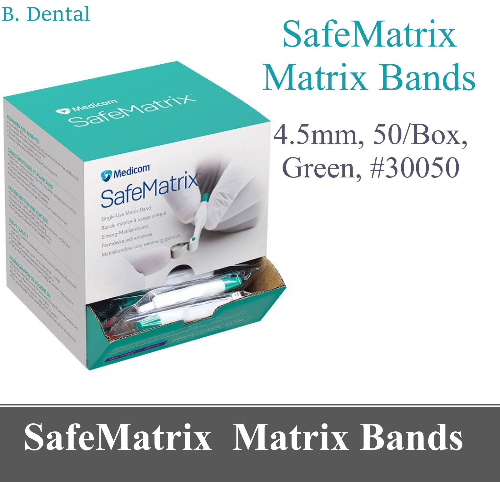 Medicom Dental SafeMatrix Matrix Bands Narrow, 4.5mm, 50/Box, Green, 30050