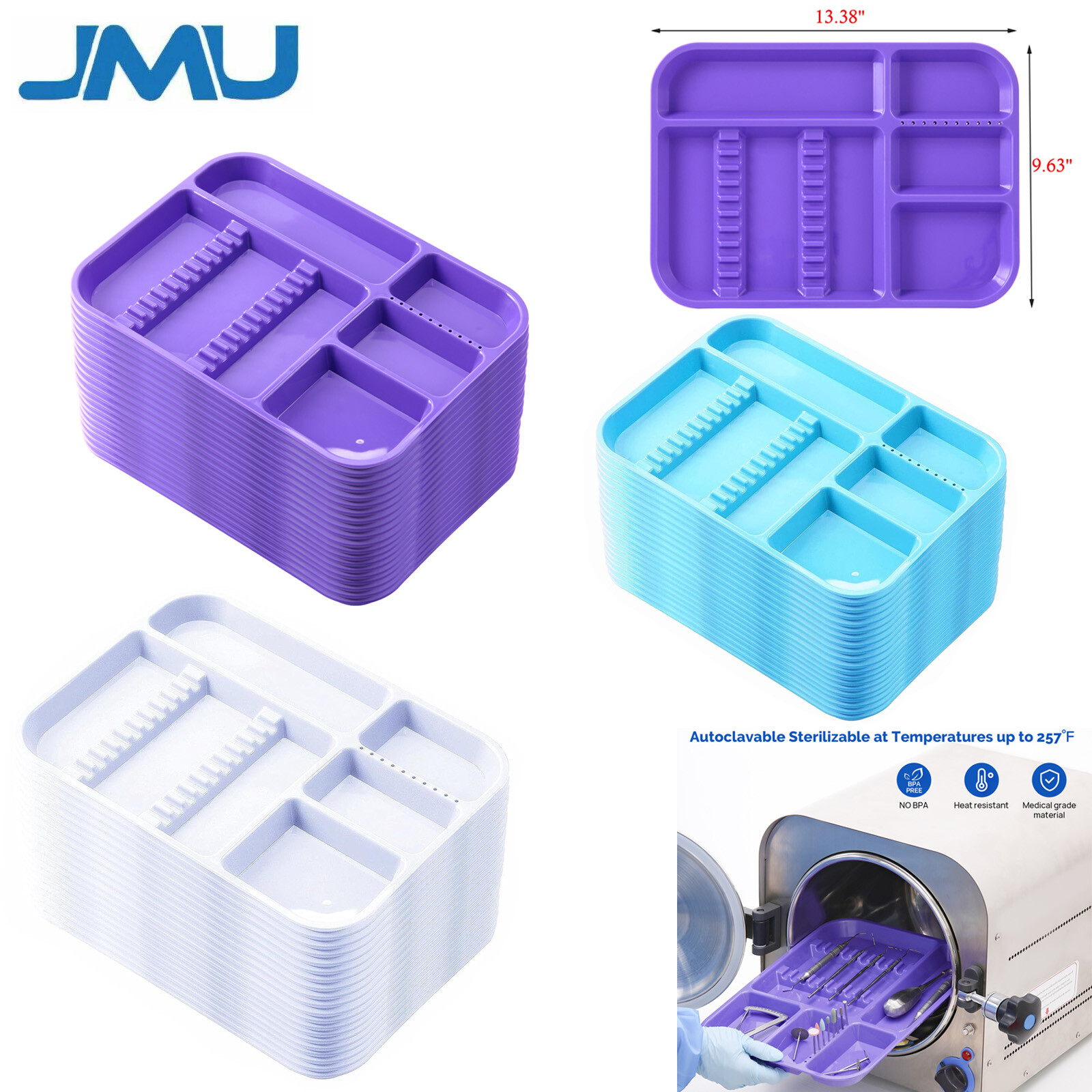 JMU Dental Divided Tray Autoclave Instrument Set Up Trays Plastic 13.38″ X 9.63″