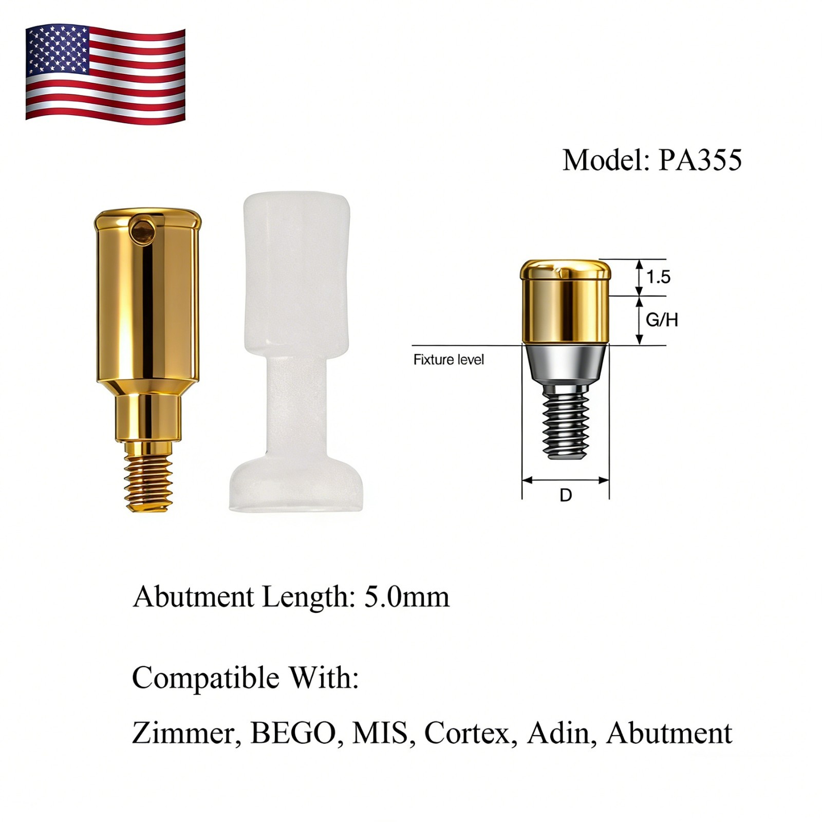 Dental PA3.5 4.5 Attachment Abutment Male Cap for Zimmer Removable AH=3/4/5mm