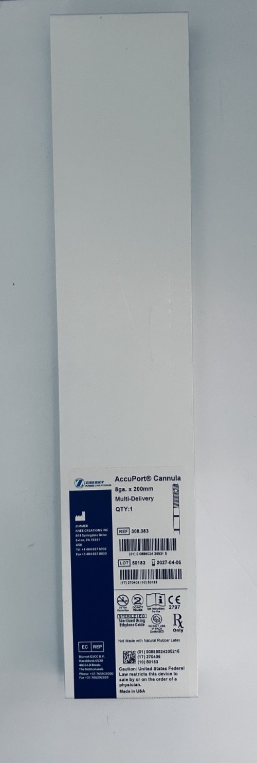 Zimmer AccuPort Cannula 8Ga x 200mm Multi- Delivery REF 308.083 Exp 2027