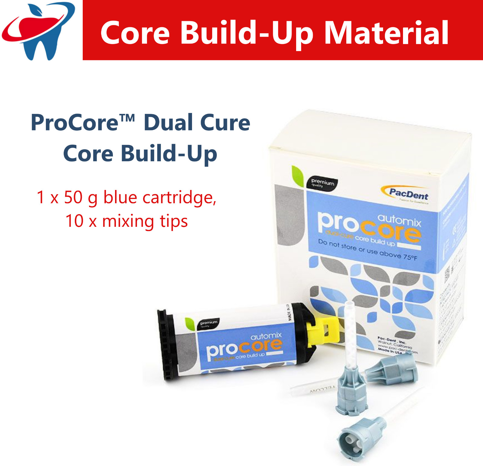 Dental ProCore™ Dual Cure Core Build-Up Core Material, PacDent A2 or Blue, 50ml