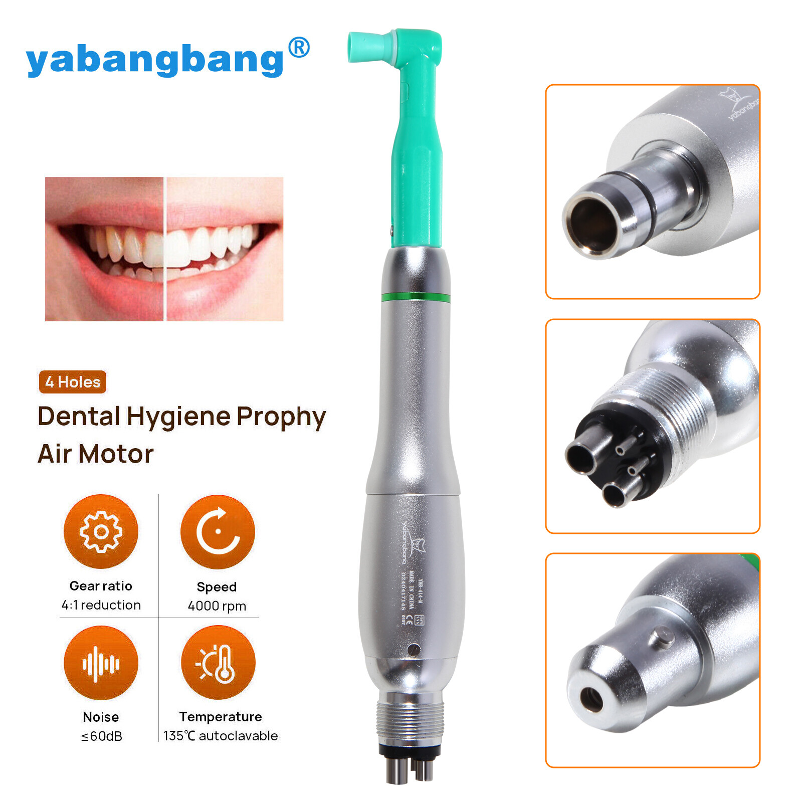 360°Swivel Dental Hygiene Prophy Handpiece Air Motor 4 Hole & 4:1 Nose Cone YB