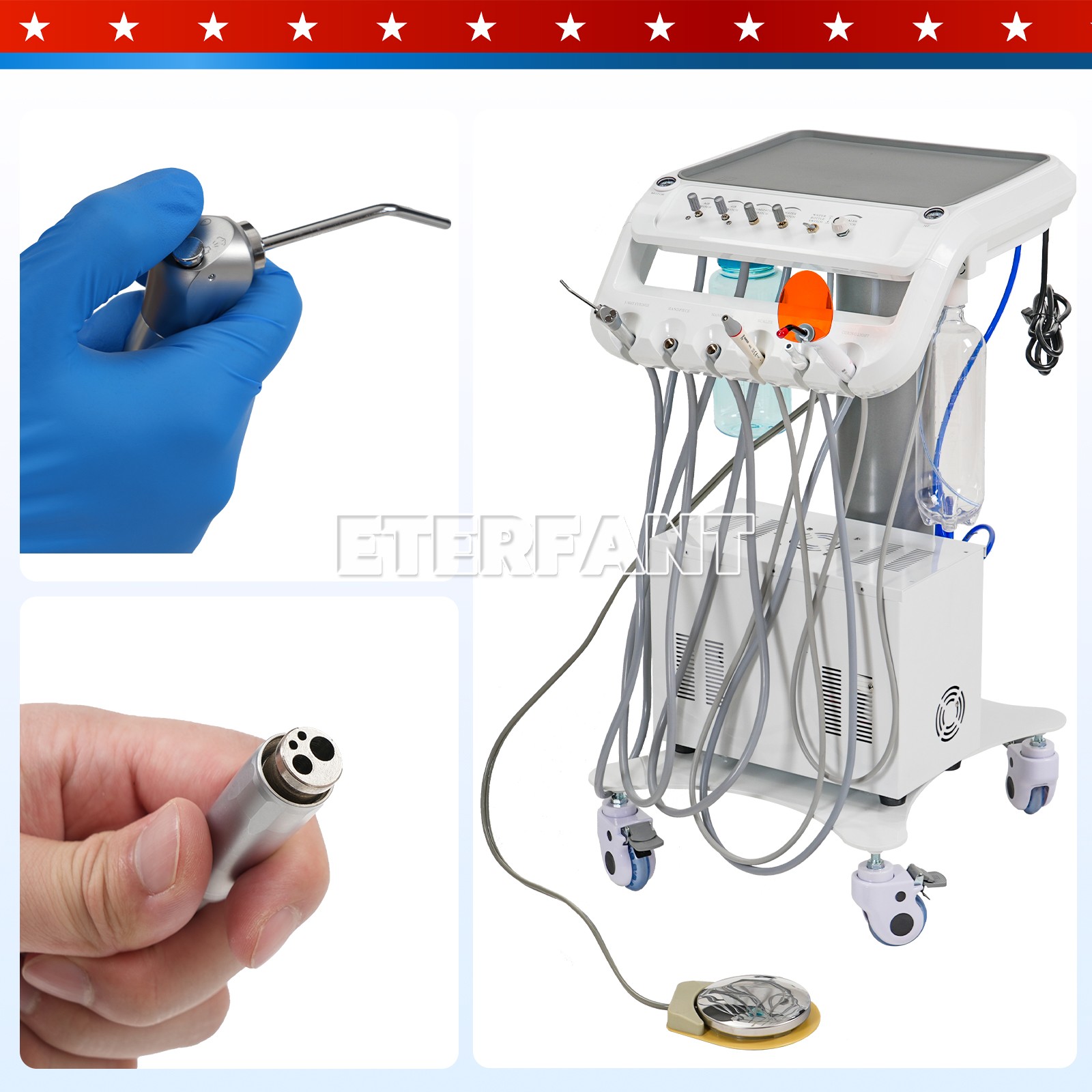 Dental Portable Mobile Cart Delivery Unit System 4Holes with Air Compressor US