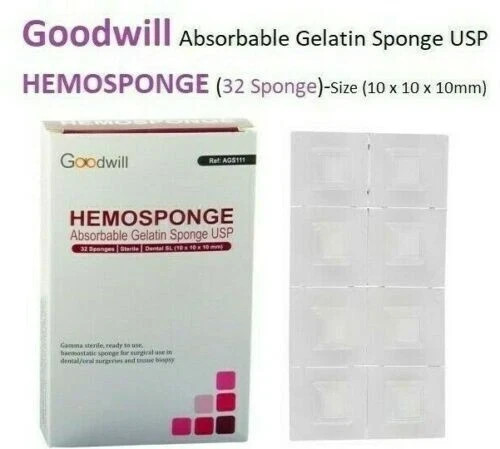 Dental HEMOSPONGE Absorbable Gelatin USP Sterile 32 Sponge Pack 10x10x10mm