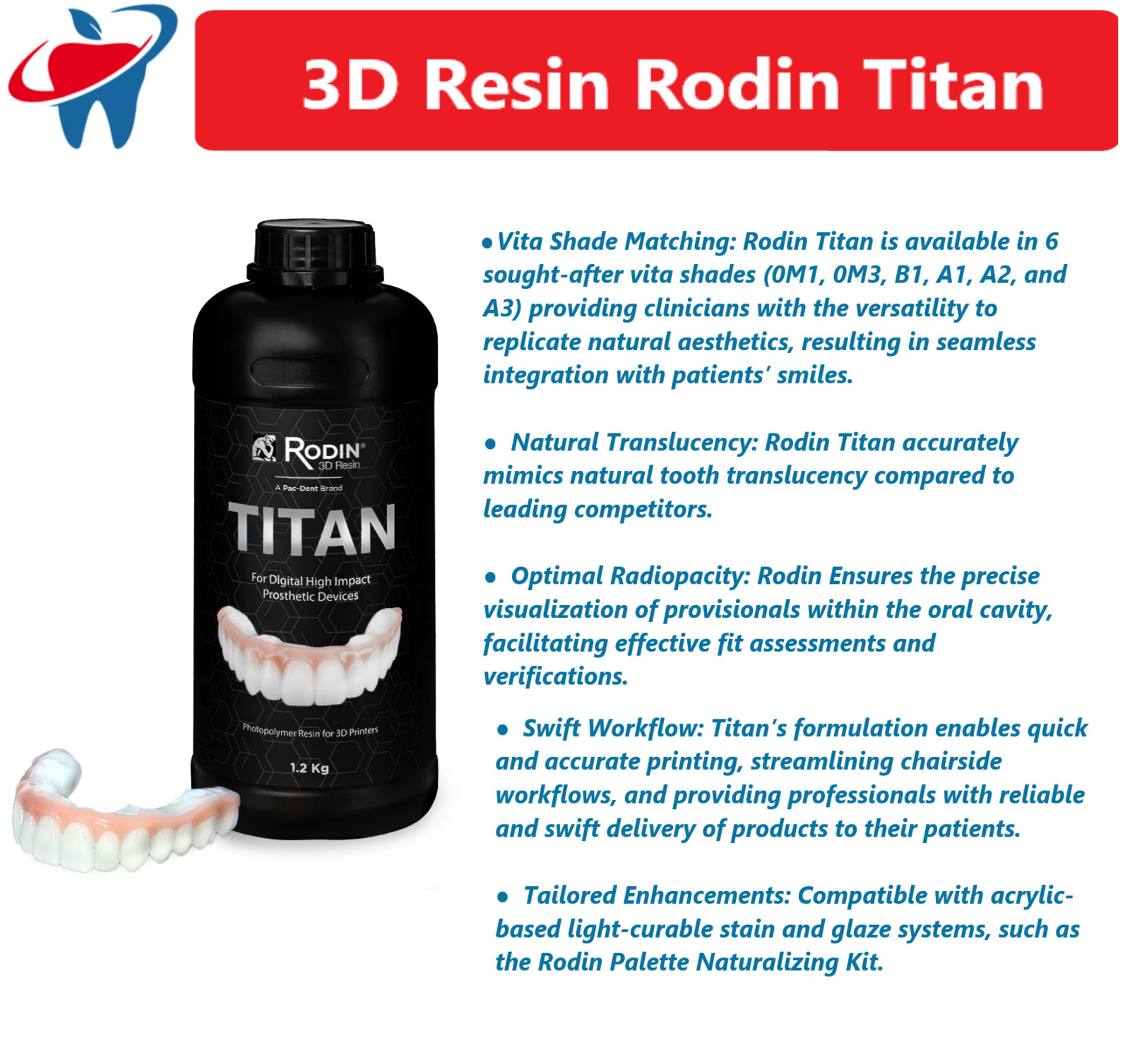 3D Print Dental Rodin Titan, Shade A1, 600g/Btl – Full Arch restorations Denture