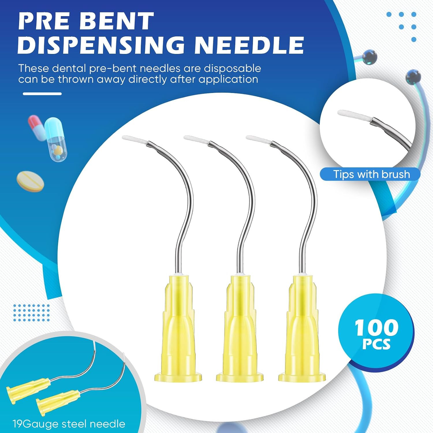 100 Pcs 19g Curved Dispensing Tips Brush End Dental Applicator Needles