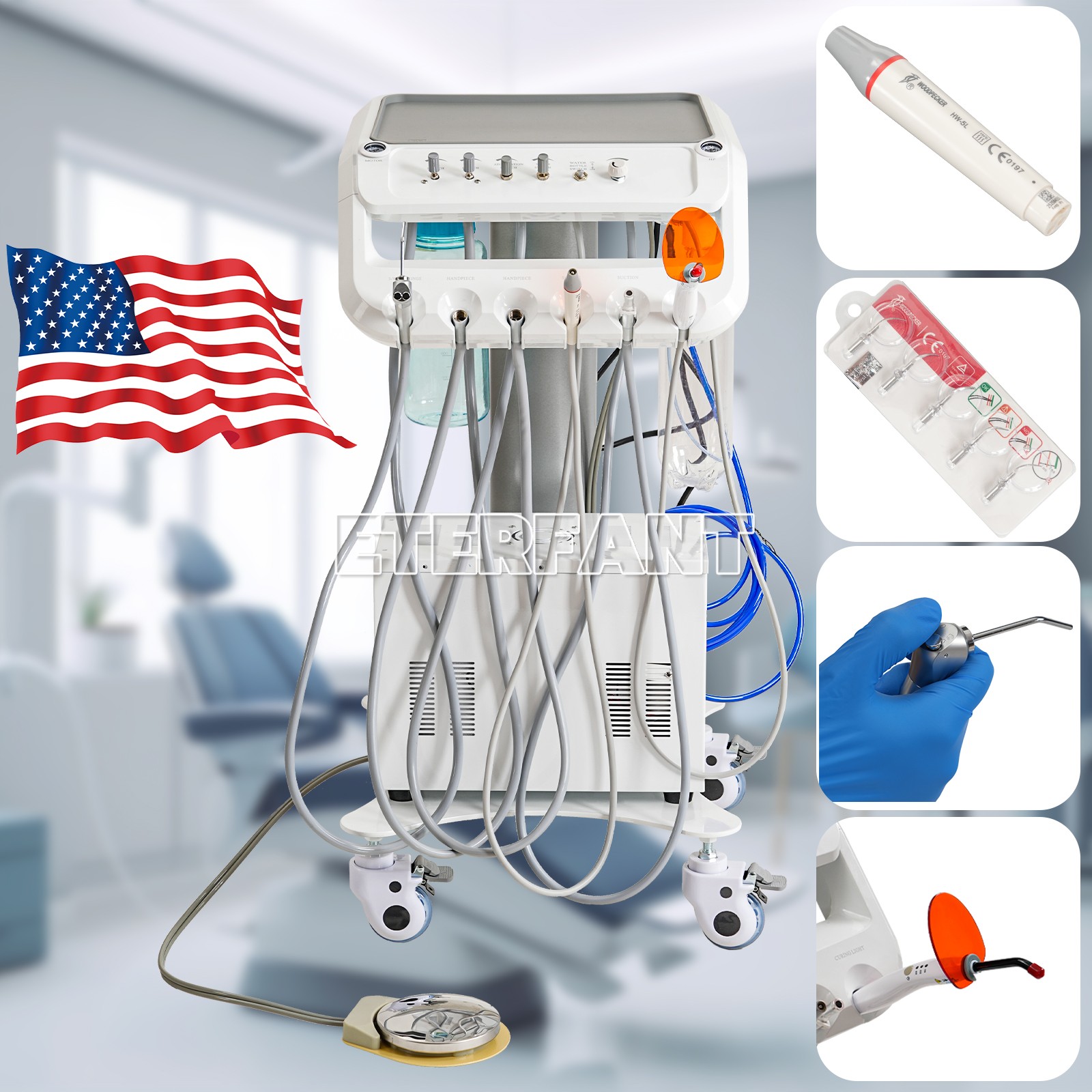 Dental Portable Mobile Cart Delivery Unit System 4Holes with Air Compressor US