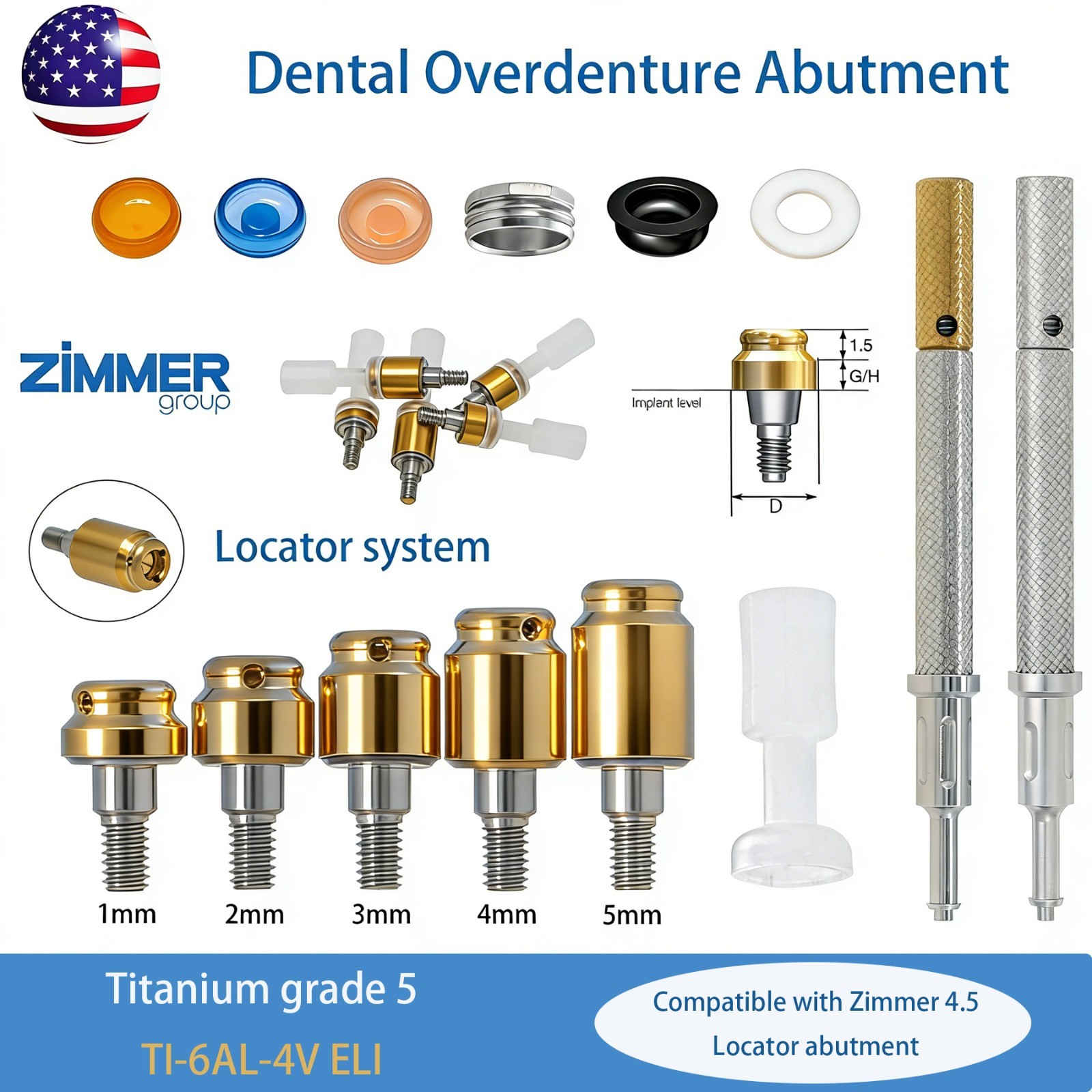 Dental 3.5/4.5mm Locator Attachment For Zimmer Screw-Vent system Abutment