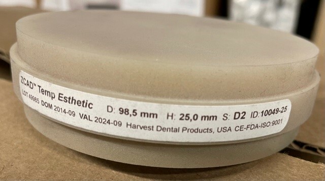 HARVEST Dental ZCAD Temp Esthetic 98,5mm 25mm Various shades milling disc