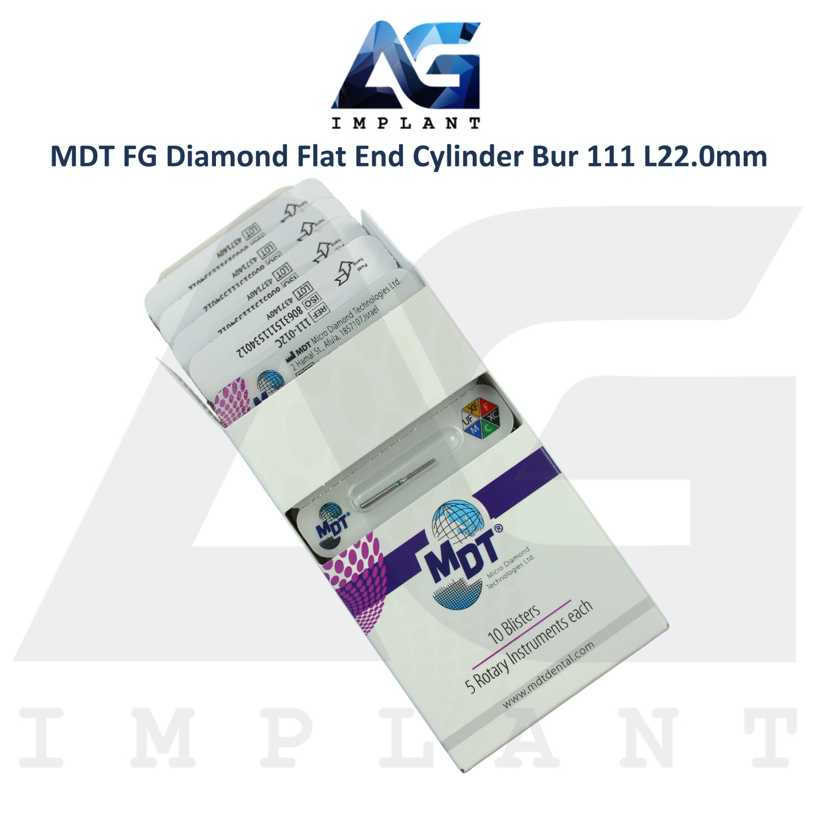 MDT Dental FG Diamond Coated Flat End Cylinder Burs 111 L22.0mm Contour Surface