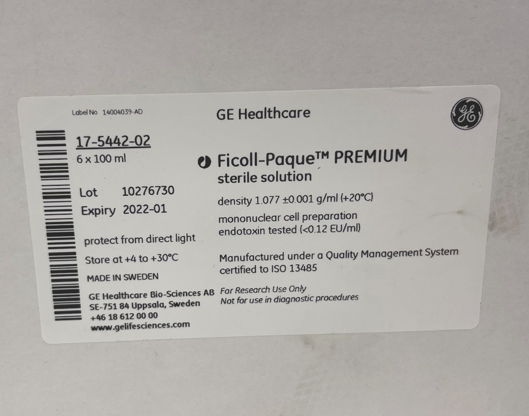 GE Ficoll-Paque PREMIUM 6x100mL 17-5442-02 EXP 2022
