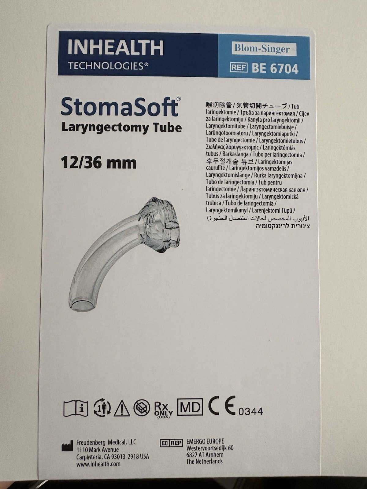 Inhealth Technologies Stoma Laryngectomy Tube blom-singer REF BE 6704 Size 12/36