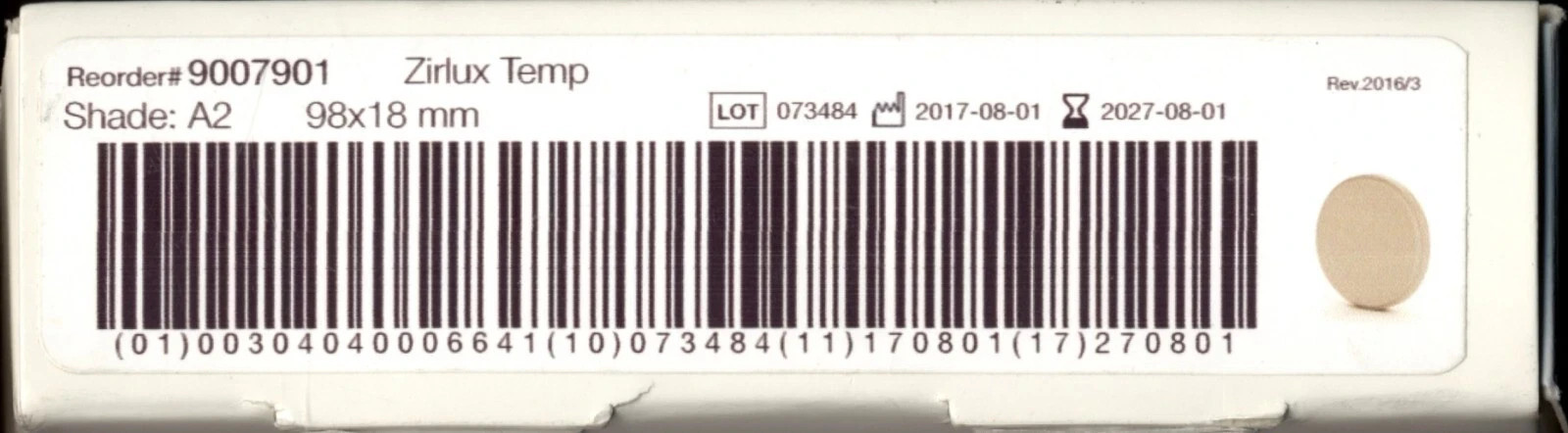 Used Zirlux Temp PMMA – 98×18 mm – Shade B1 – 900-7905 – Use By 2026-03