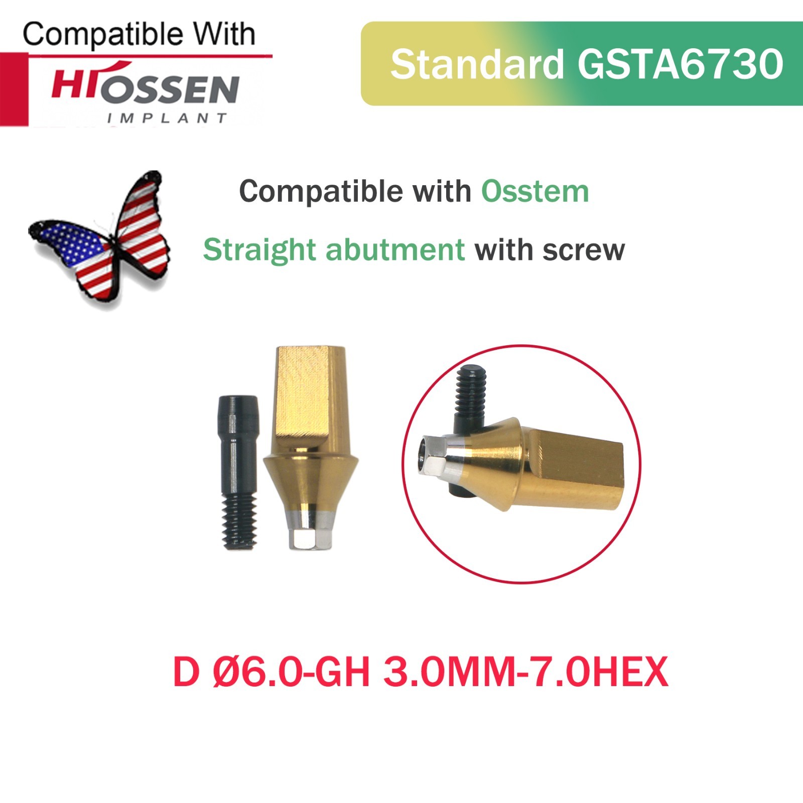 US Dental Straight Transfer Abutment Regular Ø6.0 mm Hex GH 1–6 mm Hiossen ET