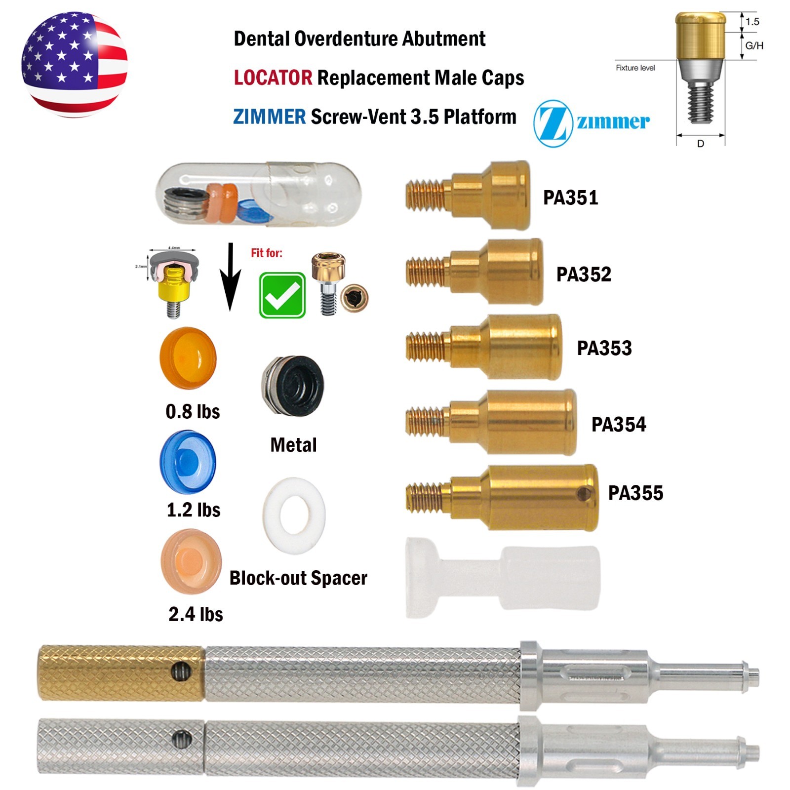 US Zimmer Screw-Vent 3.5mm Platform Abutment 1.0-5.0mm Overdenture Compatible