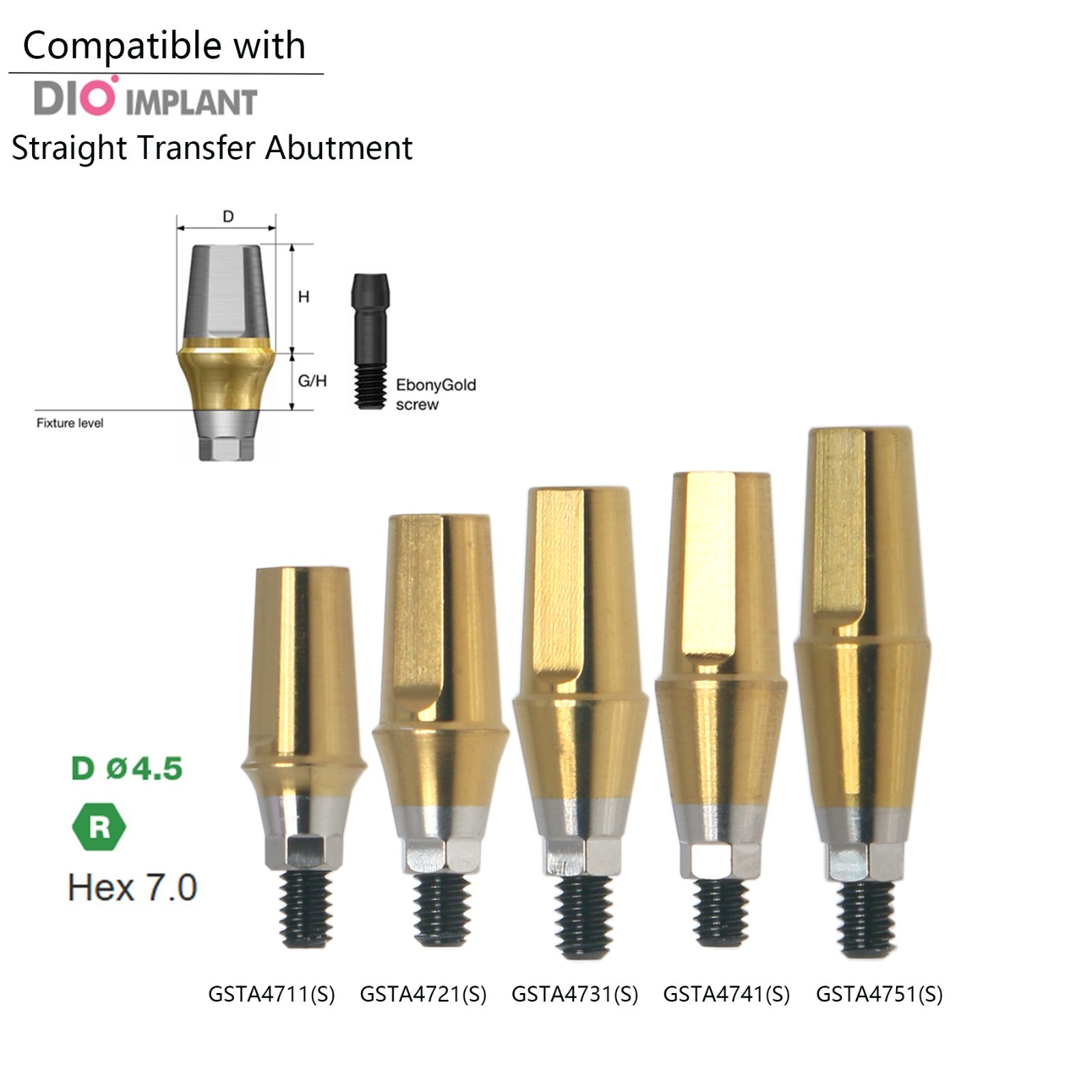 US Titanium straight abutment 7.0mm H compatible DIO UF II Platform Hex Regular