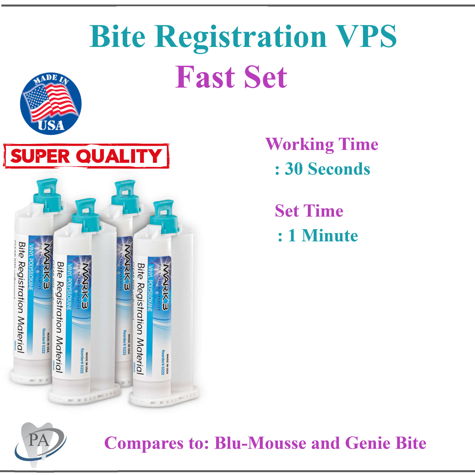 32 x 50ml Cartridges Dental VPS Bite Registration FAST SET, Made in USA, Mark3
