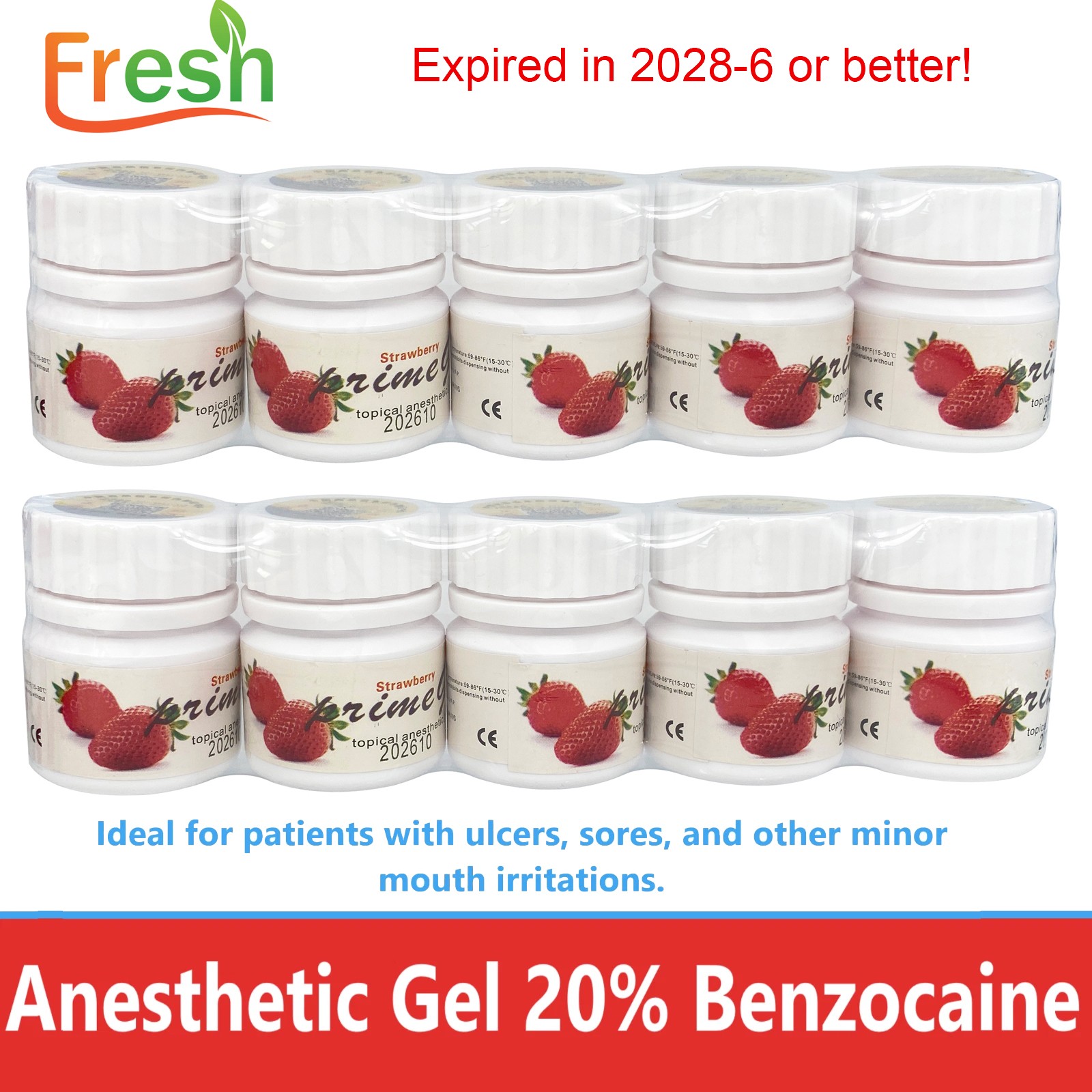 Fresh Dental Topical pain free Gel 20% Benzocaine 1oz Jar , Mint/Strawberry
