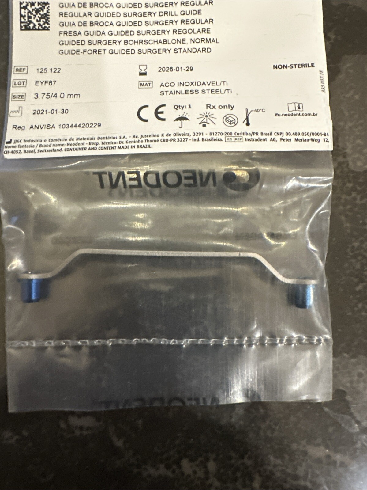 Neodent Implant GM Regular Guided Surgery Drill Guide, Titanium/SS , 3.75/4.0mm