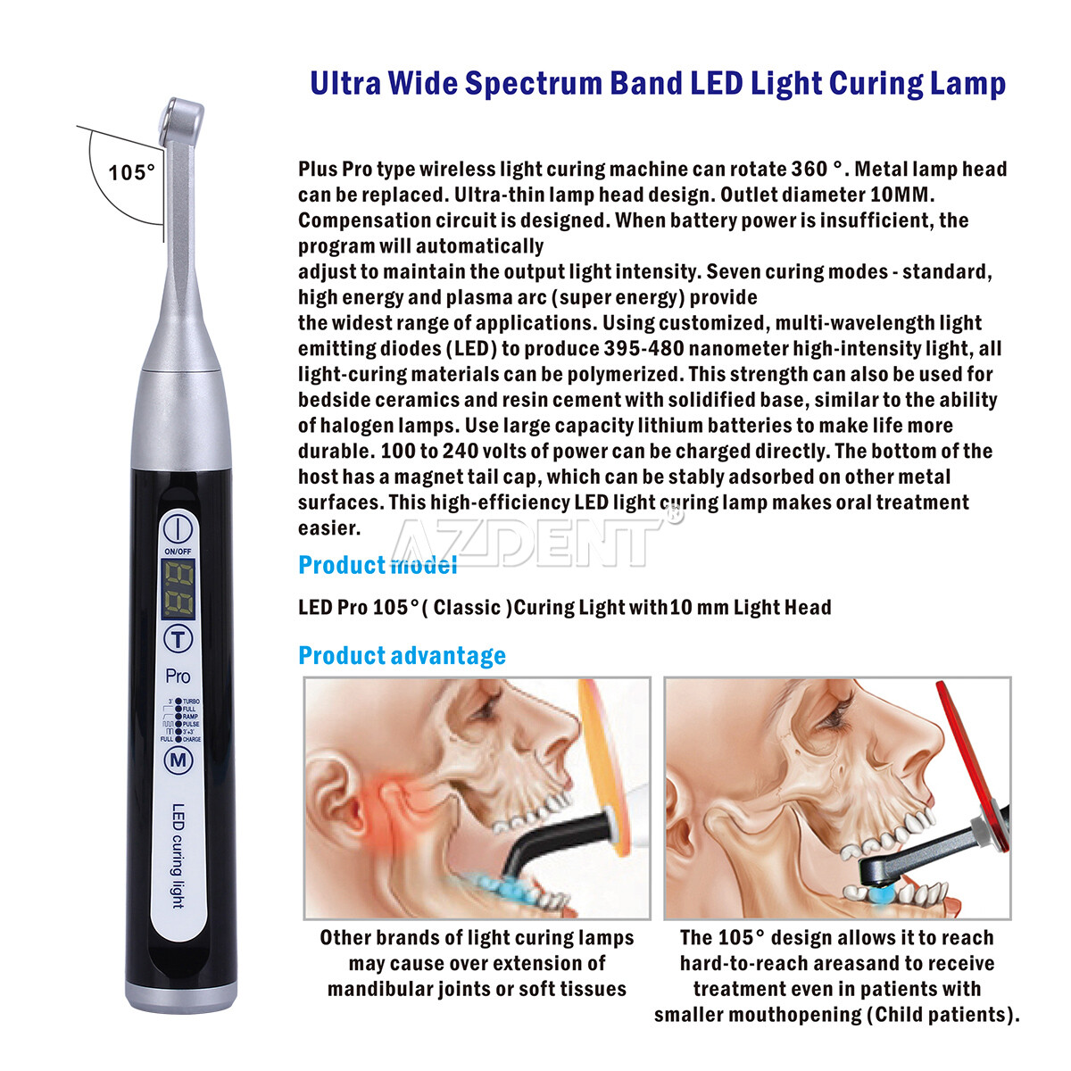 AZDENT Dental Wireless LED Curing Light Lamp 1 Sec Curing Wide Spectrum 1800mw