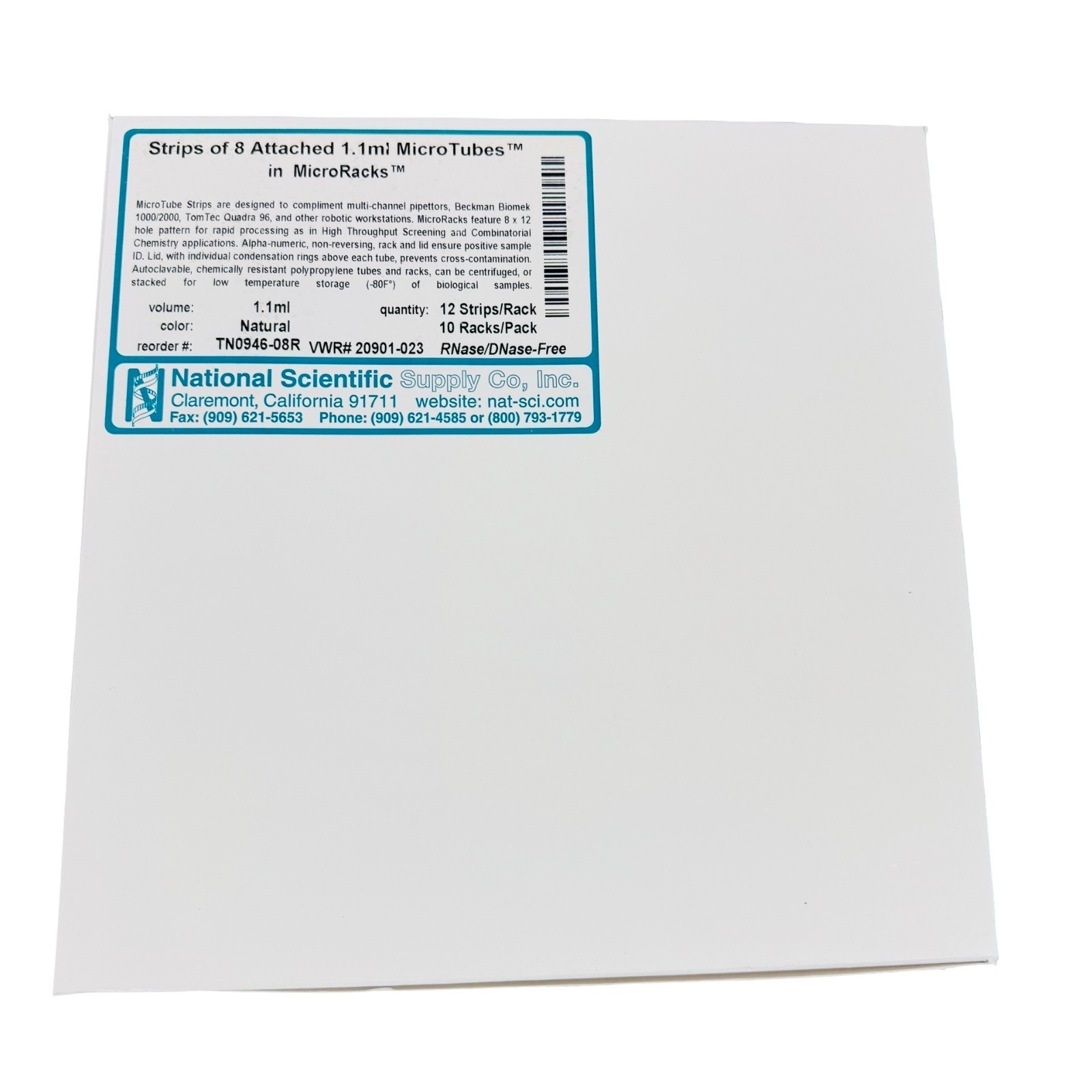 National Scientific MicroTube Strips 1.1ml 8-Tube Attached MicroRacks RNase