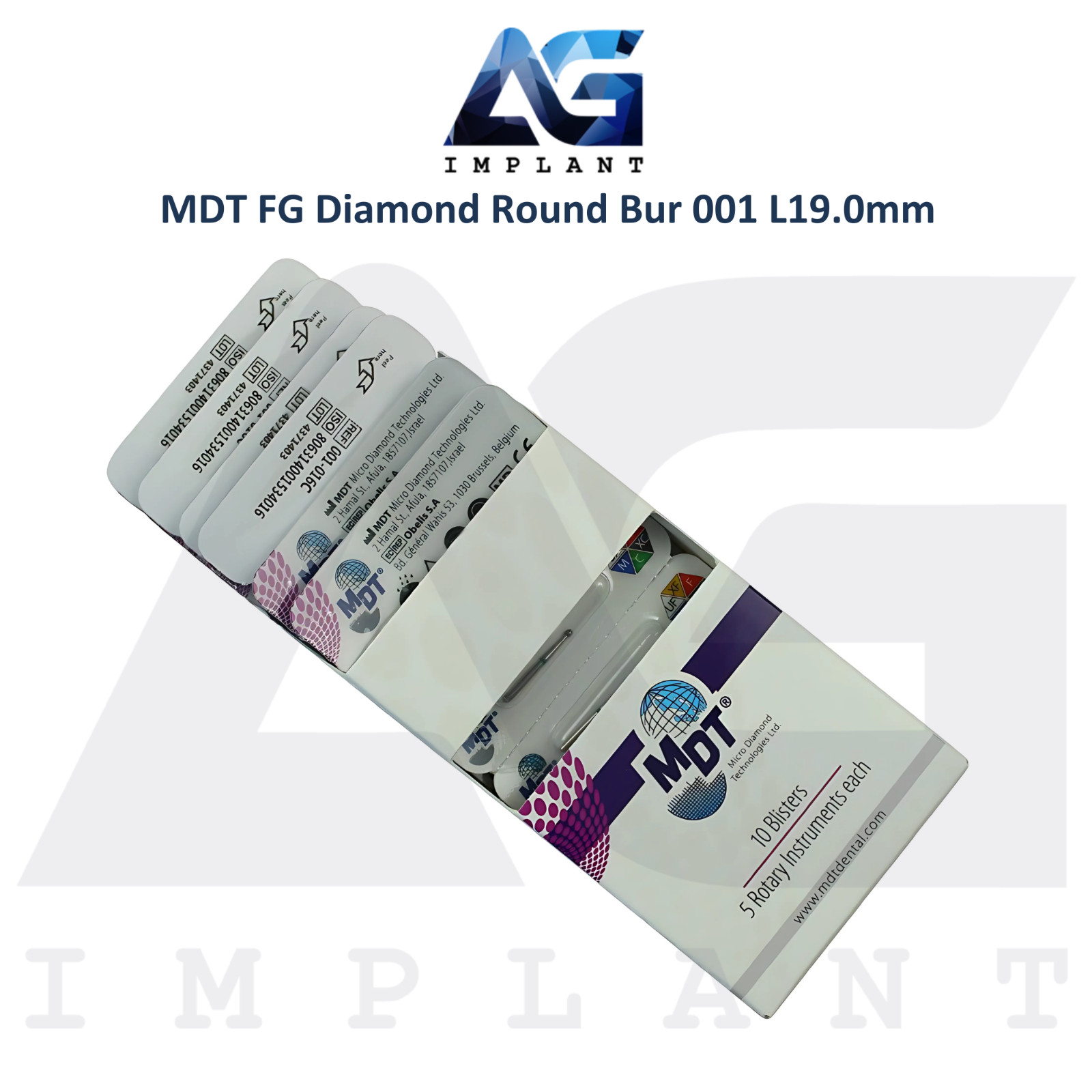MDT Dental FG Diamond Coated Round Bur 001 L19.0mm Smooth Material Removal