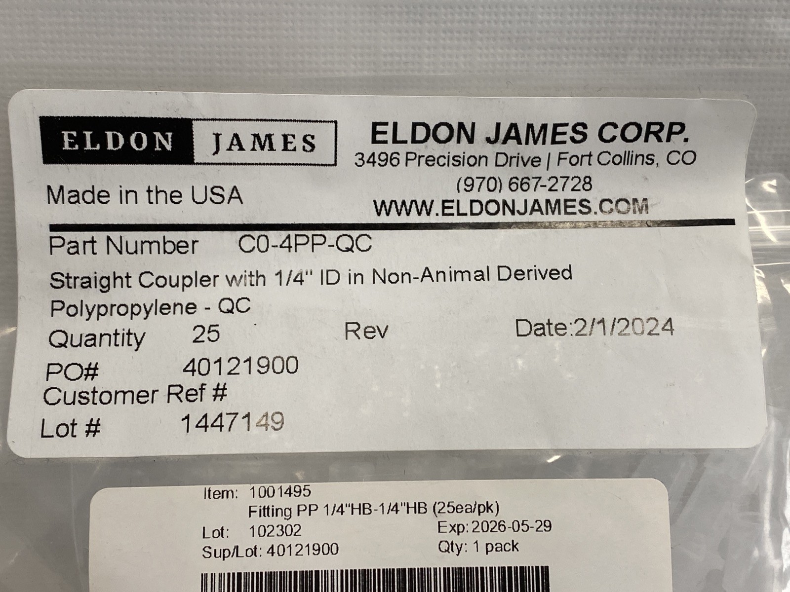 (Lot of 75) ELDON JAMES Female Luer, Straight Coupler, Tee Connector 1/4” ID HB