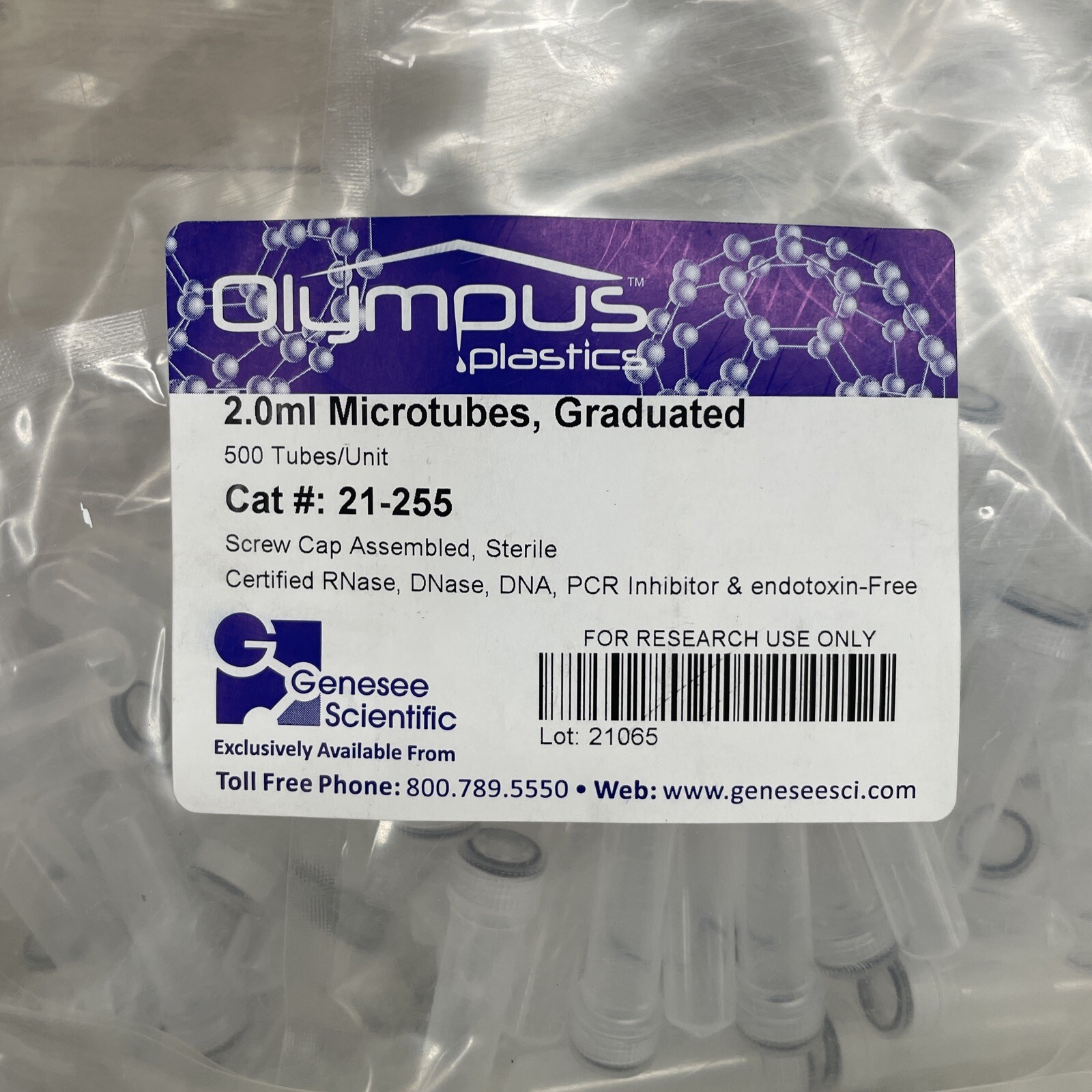 500, Olympus 2.0ml Microtubes, Graduated 21-255 Screw Cap Assembled Sterile