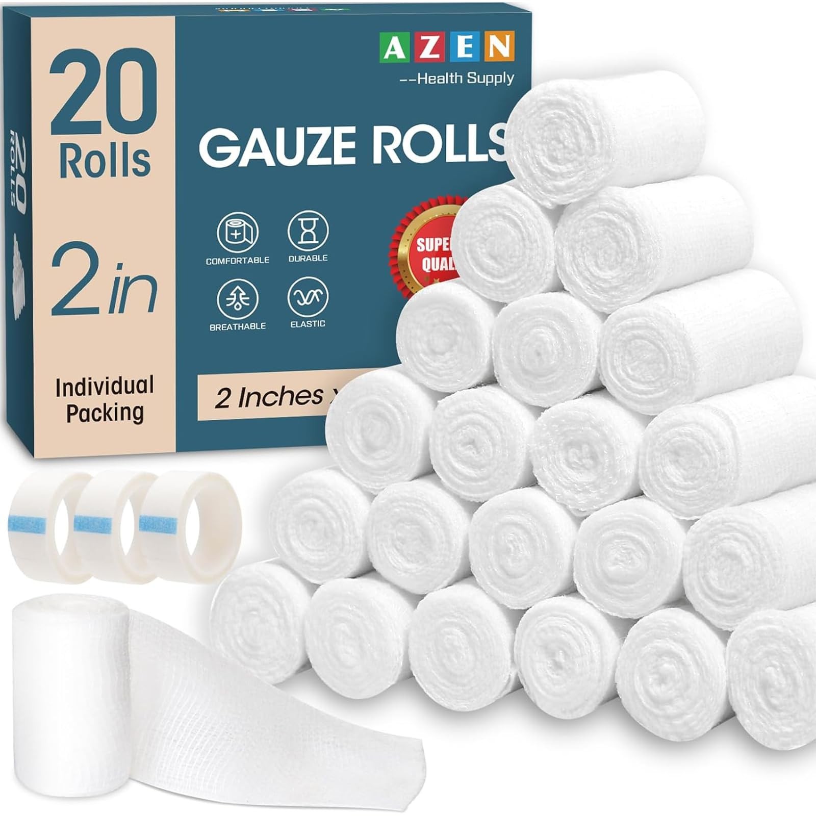 AZEN 20 Pack Gauze Rolls Bandages, 2 in x 4.1 Yards, Premium 2IN, A-20p