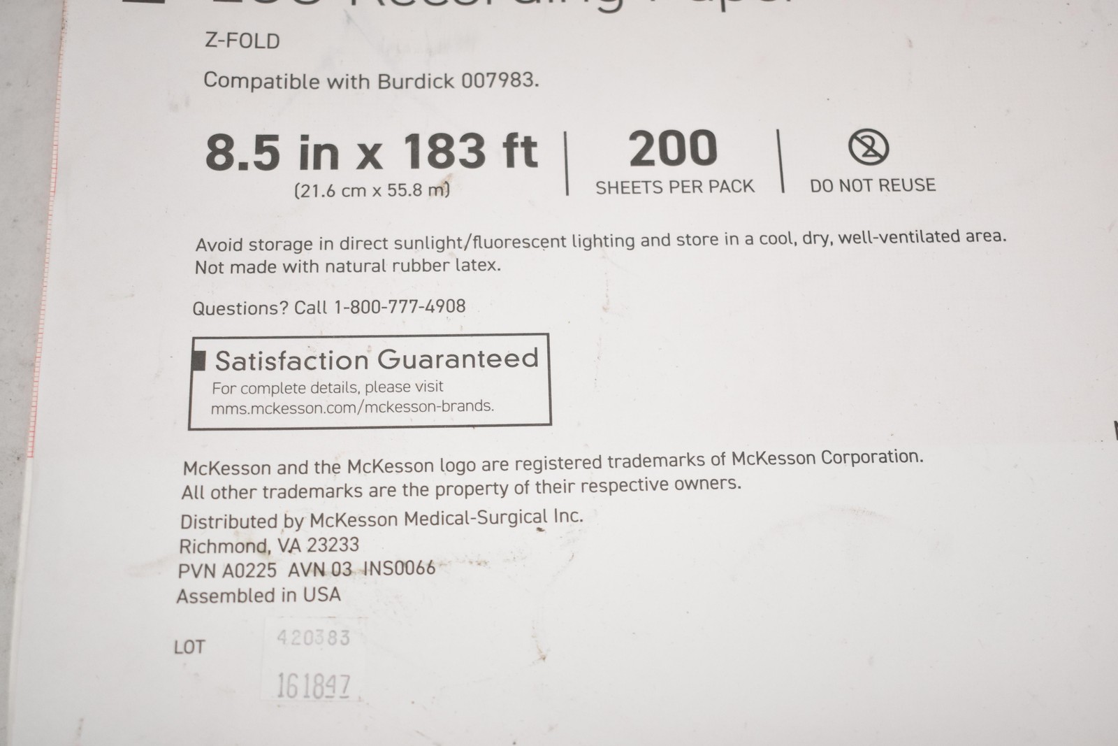 McKesson ECG Recording Paper ZFold 8.5x183ft 200 Sheets 252-007983 Made USA