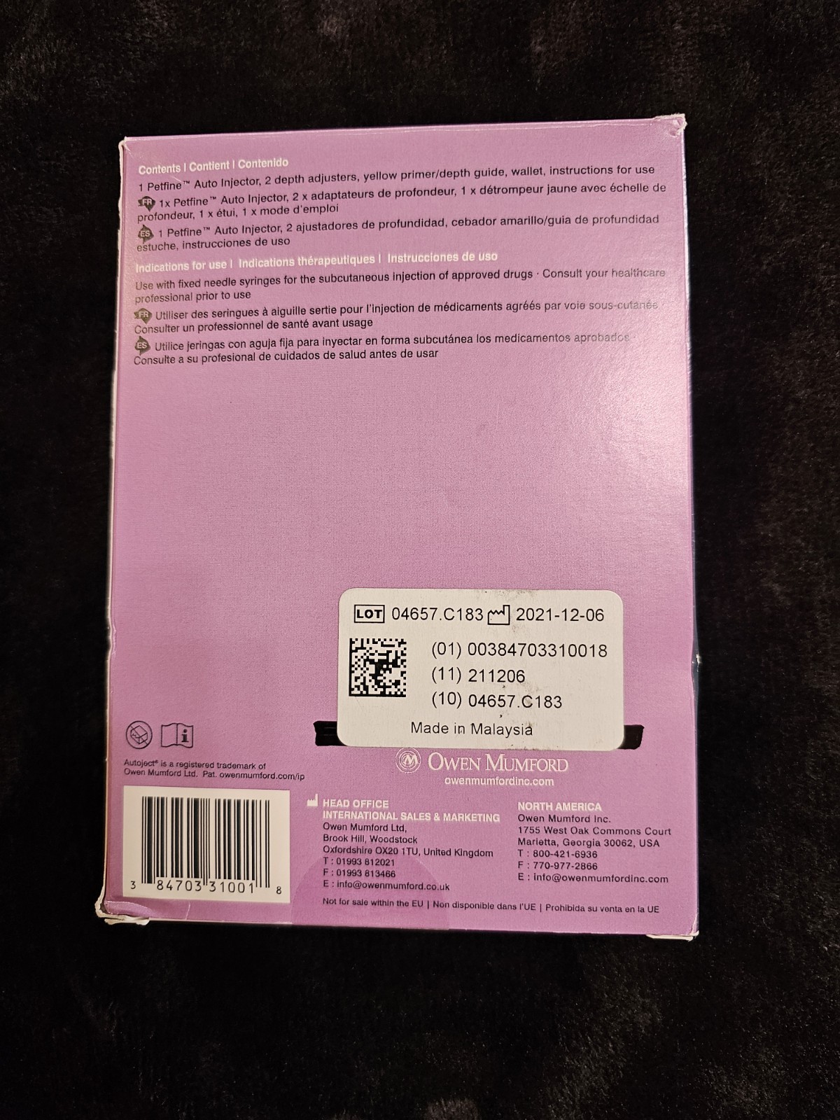 Petfine Auto Injector Needle Injection Aid Device OWEN MUMFORD OPEN BOX
