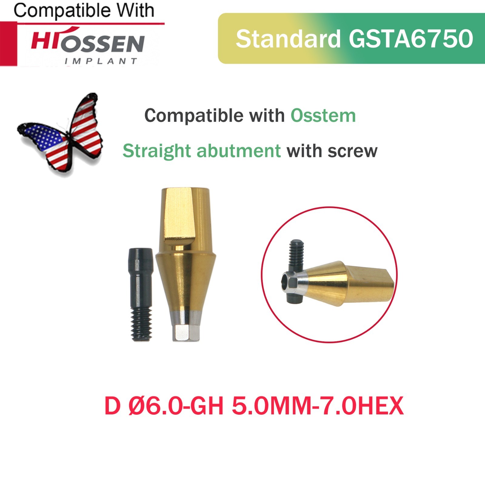 US Dental Straight Transfer Abutment Regular Ø6.0 mm Hex GH 1–6 mm Hiossen ET