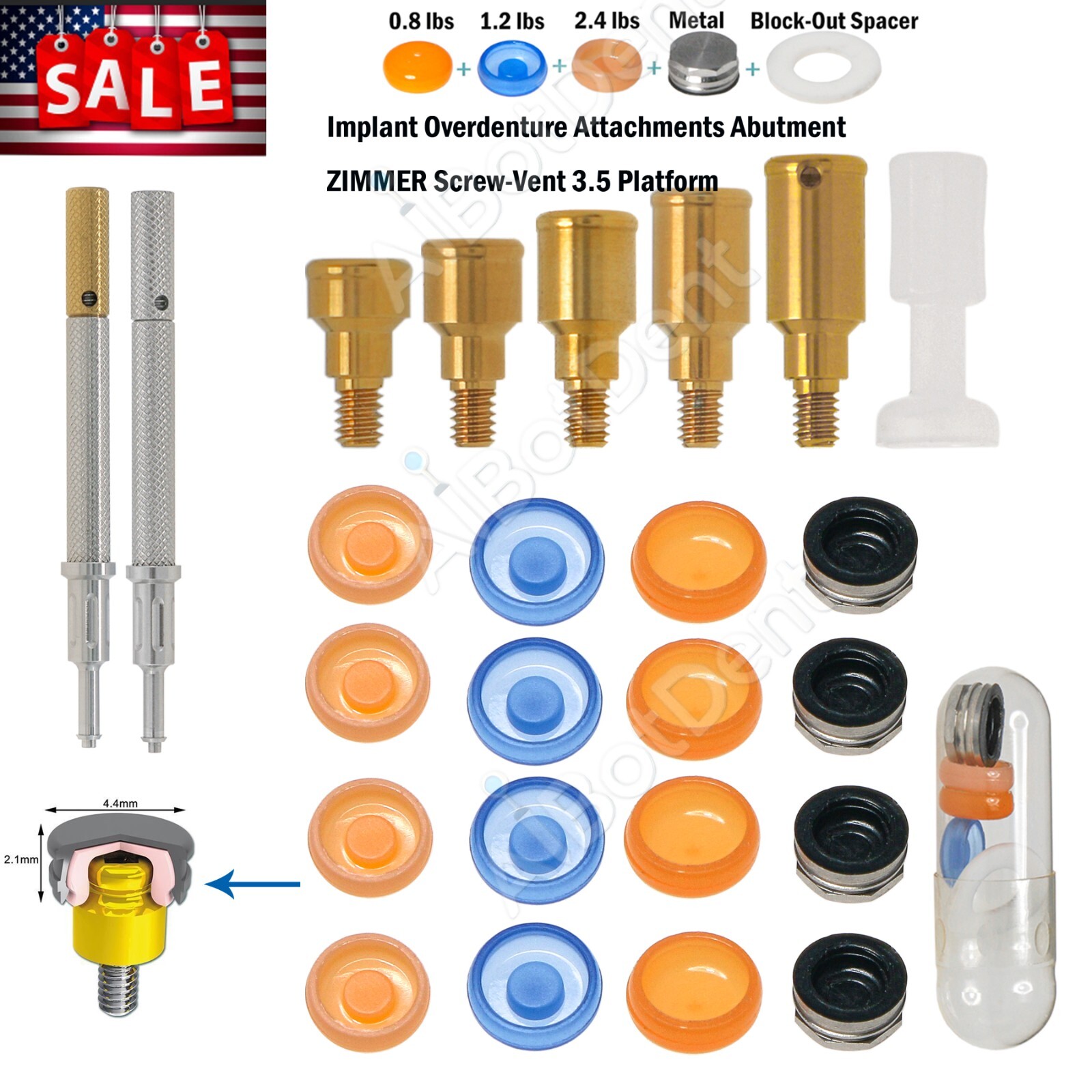 US Zimmer Screw-Vent 3.5mm Platform Abutment 1.0-5.0mm Overdenture Compatible