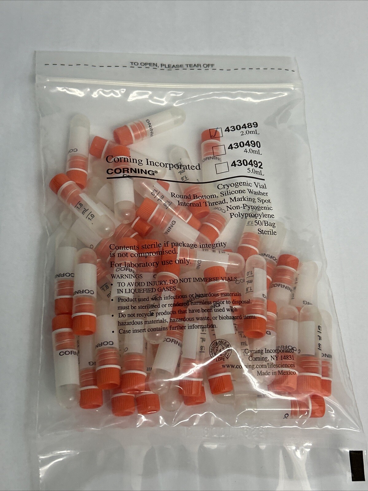 NEW 50/Pk Corning 430489 2mL Internal Threaded Polypropylene Cryogenic Vial